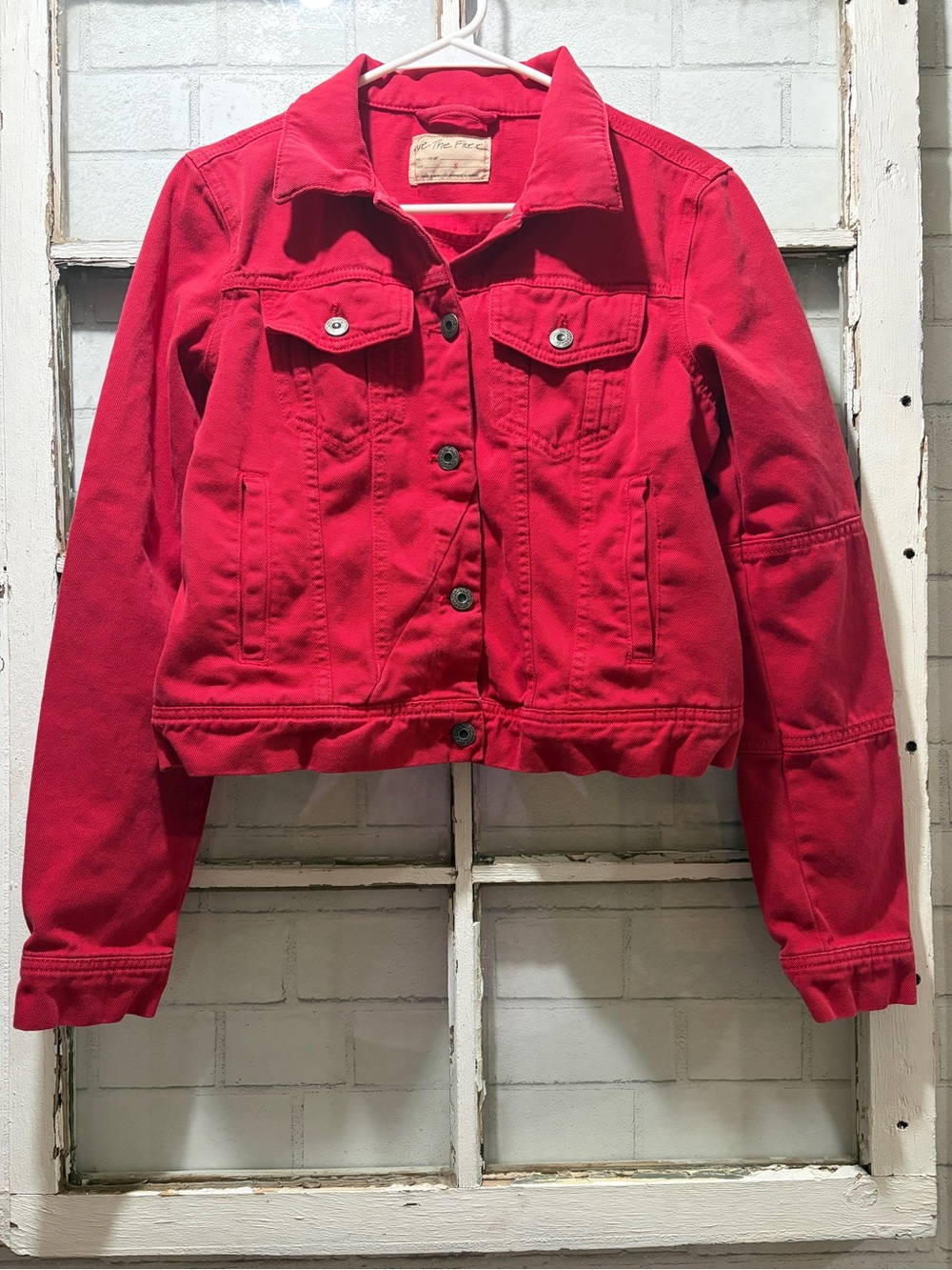 We The Free Free People Red Denim Jacket Asymmetrical Button Cropped S